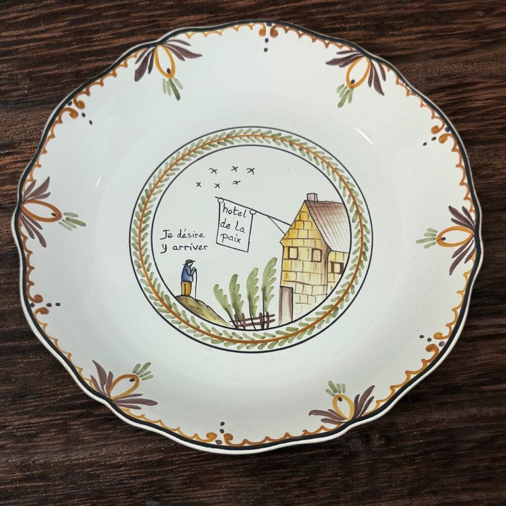 French Faience plate Nevers  18th century Hotel de La Paix  plate hand painted